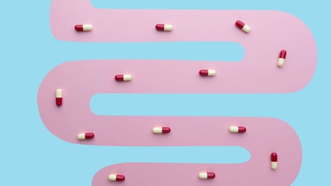 Creative idea of probiotics capsules or medicine pills absorbed in small intestine. Concept of digestive supplements, intestinal microflora and drug metabolism. Minimal style.; Shutterstock ID 2140382833